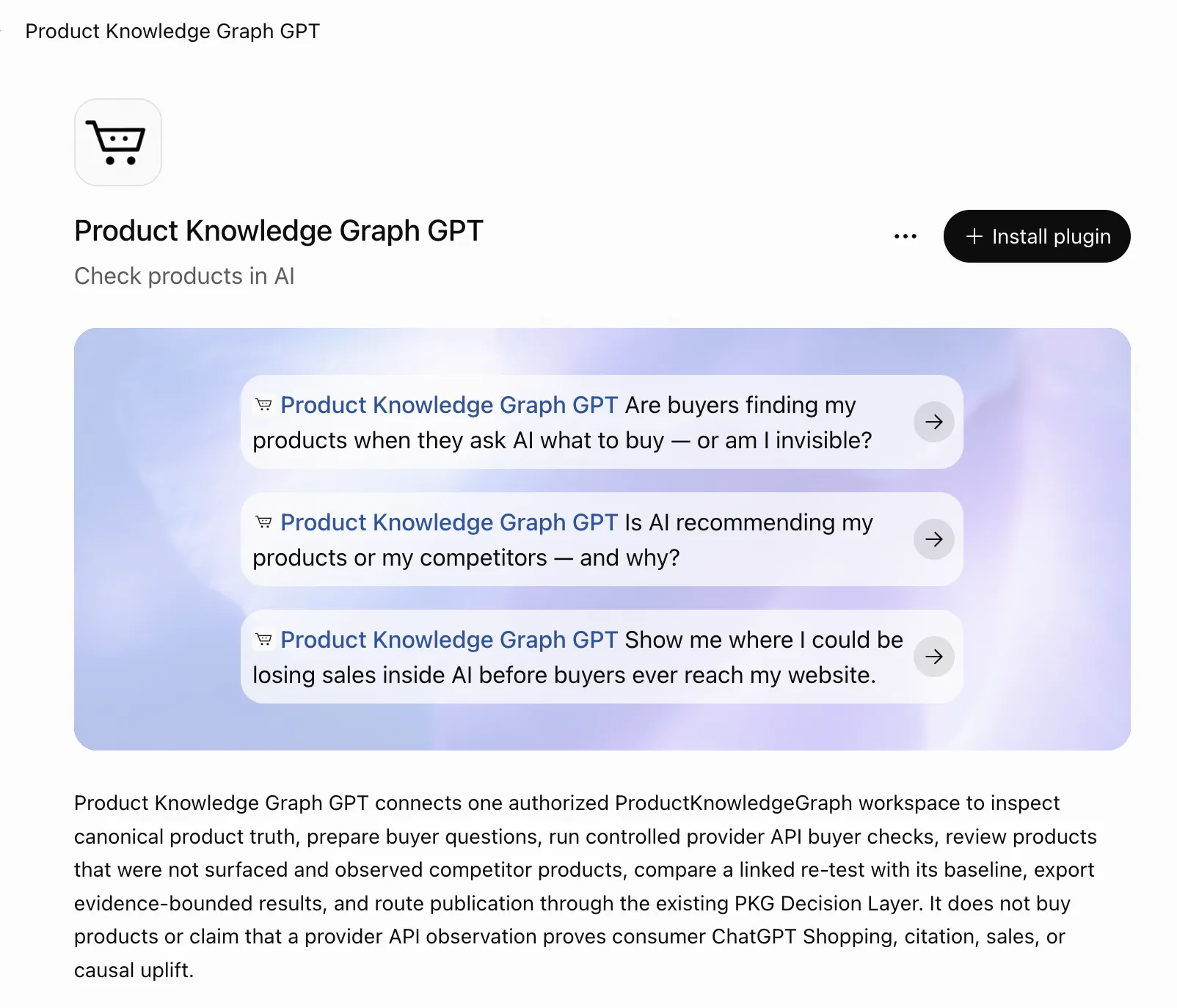 Product Knowledge Graph GPT Plugin in ChatGPT for checking product visibility, competitor recommendations and AI buyer decisions